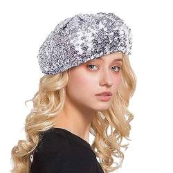 Disco Accessoires 70Er Jahre Kostüm Glitzer Baskenmütze Disco Alien Hut Silber Pailletten Glitzer Kostüm 70Er 80Er Jahre Outfit Damen Für Fasching Karneval Kostüm(03 Silver) von Pdakieyxnd