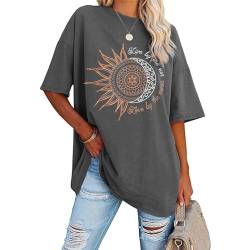 Longshirt Damen Oversize Kurzarm Tshirt - Sommer Rundhals Sonne Und Mond Drucken Shirt, Lässige Locker T-Shirt Oberteile Lose Lang Shirts Große Größen Tee Shirt Grau von Pdakieyxnd