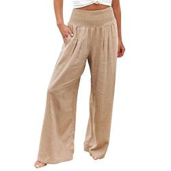 Palazzo Hose Damen - Leinenhose Damen Sommer 3/4 Lang Leicht Weite Hose Elegant Hohe Elastische Taille Casual Einfarbig Boho Sommerhose Gesmokte Freizeithose Yogahose mit Taschen(01 Khaki,M) von Pdakieyxnd