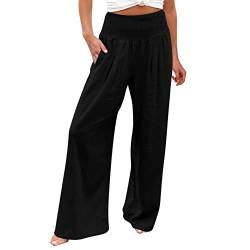 Palazzo Hose Damen - Leinenhose Damen Sommer 3/4 Lang Leicht Weite Hose Elegant Hohe Elastische Taille Casual Einfarbig Boho Sommerhose Gesmokte Freizeithose Yogahose mit Taschen(03 Black,S) von Pdakieyxnd