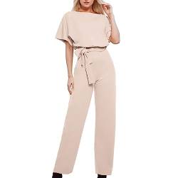 Pdakieyxnd 2 Teiler Damen, Zweiteiler Damen Elegant Dolman-Ärmel Hosenanzug Festlich Playsuit Romper mit Gürtel Jumpsuit Damen Elegant Festlich(01 Beige,XL) von Pdakieyxnd