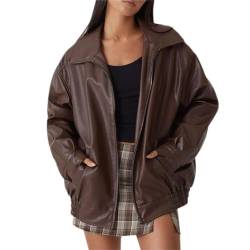 Pdakieyxnd Damen Lederjacken Oversized Vintage Jacke Faux Motorrad Biker Mantel Pu Moto Varsity Bomber Cardigan Jacken Herbst Outwear Streetwear Bomberjacke Leder Jacket Woman(01 Brown,S) von Pdakieyxnd