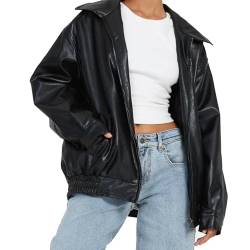 Pdakieyxnd Damen Lederjacken Oversized Vintage Jacke Faux Motorrad Biker Mantel Pu Moto Varsity Bomber Cardigan Jacken Herbst Outwear Streetwear Bomberjacke Leder Jacket Woman(02 Black,S) von Pdakieyxnd