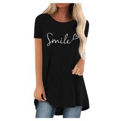 Pdakieyxnd Longbluse Damen Kurzarm Lässig für Leggings Longshirt - Sommer Rundhals Smile Tunika Tops Lässig Lose Baumwolle Longshirts Locker Mode Bunte Long Bluse Schwarz von Pdakieyxnd