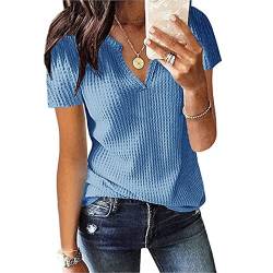 Pdakieyxnd Tunika Damen Sommer - Waffelstrick T Shirt Damen V Ausschnitt, Oberteile Damen Kurzarm Gestrickte Bluse Große Größen Lässig Locker Tshirt Kurzarmshirt Tops T-Shirts & Blusen für Damen Blau von Pdakieyxnd