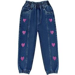 Peacolate 2-12Jahre Kleine Mädchen Stretch Langarm Jeanshose Straight Lose Jeans Gestickter Herz Blau Denim Hose(Rosa Herz,8Jahre) von Peacolate