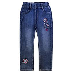 Peacolate 4-9Jahre Kleine Mädchen Stretch Langarm Jeanshose Straight dunkelblaue Blume Gestickte Denim Hose (Blume,5-6Jahre) von Peacolate