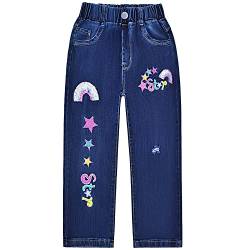 Peacolate 5-12Jahre Kleine Mädchen Stretch Langarm Jeanshose Blau Denim Hose Straight Gestickte Regenbogen Stern Jeans(Stern,10-11Jahre) von Peacolate