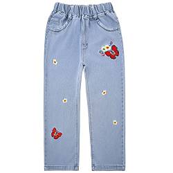 Peacolate 6-11 Jahre Kinder Baby Kleine Mädchen Lockere Jeans Bestickte Schmetterlingsblume Hellblaue Jeanshose (Rot Schmetterling, 6–7 Jahre) von Peacolate