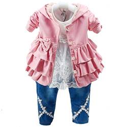 Peacolate 6M-4J Baby Kleidung Mädchen Set 3 -teilige Outfits Langarm Spitze T-Shirt Leder Falbala Jacke und Jeans (1-2J, Rosa) von Peacolate