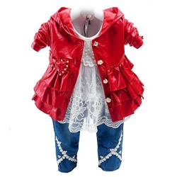 Peacolate 6M-4J Baby Kleidung Mädchen Set 3 -teilige Outfits Langarm Spitze T-Shirt Leder Falbala Jacke und Jeans (1-2J, Rot) von Peacolate