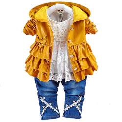 Peacolate 6M-4J Baby Kleidung Mädchen Set 3 -teilige Outfits Langarm Spitze T-Shirt Leder Falbala Jacke und Jeans (3-4J, Gelb) von Peacolate