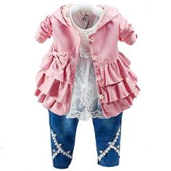Peacolate 6M-4J Baby Kleidung Mädchen Set 3 -teilige Outfits Langarm Spitze T-Shirt Leder Falbala Jacke und Jeans (6-12M, Rosa) von Peacolate