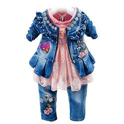 Peacolate 6M- 4J Winter Baby Mädchen Kleidung Set 3 -teilige Outfits Langarm Spitze T-Shirt Reißverschluss Stickerei Jeansjacke und Stickerei Jeans(6-12M, Rosa) von Peacolate