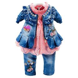 Peacolate 6M- 4J Winter Baby Mädchen Kleidung Set 3 -teilige Outfits Langarm Spitze T-Shirt Reißverschluss Stickerei Jeansjacke und Stickerei Jeans (3-4J, Orange) von Peacolate