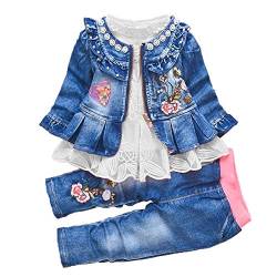 Peacolate 6M- 4J Winter Baby Mädchen Kleidung Set 3 -teilige Outfits Langarm Spitze T-Shirt Reißverschluss Stickerei Jeansjacke und Stickerei Jeans (6-12M, Weiß) von Peacolate