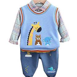 Peacolate Baby Jungen Bekleidungssets,Baby Neugeborenen Outfit Babykleidung Set Kleikind Anzug Langarm Hemden Strickwesten und Jeanshose für 6 Monate- 3 Jahre (Blau,12-18Monate) von Peacolate