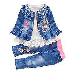 Peacolate Baby Kleidung, Babykleidung Mädchen Baby Outfit Mädchen 3 -teilige Langarm Spitze T-Shirt Reißverschluss Stickerei Jeansjacke und Stickerei Jeans 6Monate-4Jahre(1-2J, Weiß) von Peacolate