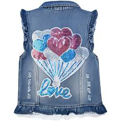 Peacolate Baby Mädchen Denim Weste Kinder Ärmellose Jacke Knopf Pailletten Herz Ballon Spitze Frühling Herbst Mantel (4-5Jahre) von Peacolate