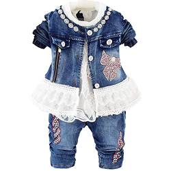 Peacolate Baby kleidung, Mädchen BeKleidungsset Kinder Outfit 3pcs Langarm T-shirt Pailletten Jakce und Blau Stickerei Jeans Frühling Herbst babyset 6Monate-4Jahre(Weiß,3-4Jahre) von Peacolate