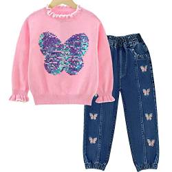 Peacolate Bekleidungssets für Mädchen, Mädchen Kleidung Geschwister Outfit Mädchen 2-teiliges Set Langarm Pailletten Schmetterling Pullover und bestickte Bootcut Jeanshose (Rosa Schmetterling,3Jahre) von Peacolate