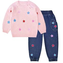 Peacolate Mädchen Bekleidungsset,Kinder Kleidung Set Herbst Winter Outfit Langarm Ärmel Farbverlauf Pullover und Stickerei Stern Jeans Mädchen 2tlg Set 2-6Jahre (Rosa,5T) von Peacolate