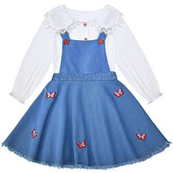 Peacolate Mädchen Kleidung 2pcs Kleider Set Lange Ärmel Weißes Bluse und Gestickter Schmetterling Denim Hosenträger Kleid Frühling Herbst Sommer Outfit(5-6Jahre) von Peacolate