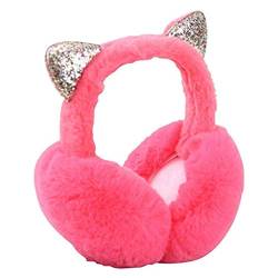 Peakpet Ohrenwärmer für Erwachsene Damen Mädchen, Winter Plüsch Ohrenschützer faltbare Cartoon Pailletten Katzeohren Ohrenwärmer Winddicht Earmuffs Ohrenschutz Geschenk(Rosen-rot) von Peakpet