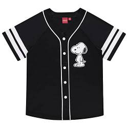 Peanuts Damen Snoopy Baseball Trikot Snoopy Charlie Brown Woodstock Linus Mesh Button Down Baseball Trikot, Schwarz, X-Groß von Peanuts