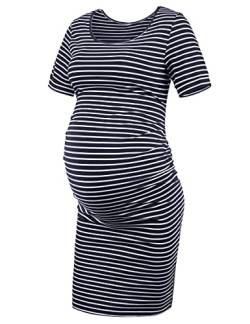 Peauty Alltagskleidung & Babyparty, Umstandskleid, figurbetontes Kleid, gerüschte Seite kurzes und 3/4-Ärmel Kleid, Dunkelblau-weiß gestreift, XX-Large von Peauty