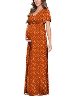 Peauty Button Down Umstandskleid Rüschen Kurzarm Maxikleid Babyparty Mutterschaft Fotoshooting Casual, Orange mit weißen Punkten, X-Groß von Peauty