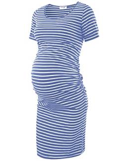 Peauty Everyday Essentials figurbetontes Umstandskleid, seitliche Rüschen und 3/4-Ärmel, Kleid für Babyparty, Alltag (S-2XL), Blau weiß gestreift, XX-Large von Peauty