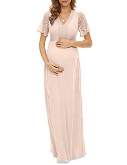 Y-Spitzen-Ausschnitt, Umstandskleid, Spitze, kurze Ärmel, Umstands-Maxikleid für Babyparty, Umstandsfotoshooting, Hell, Mokka, Klein von Peauty