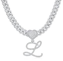 Cursive Silver Initial Necklace for Women Miami Iced Out Cuban Chain Choker Necklace Diamond Initial Heart Pendant Letter Necklace Alphabet Hip Hop Jewelry L von Pehvdkuq