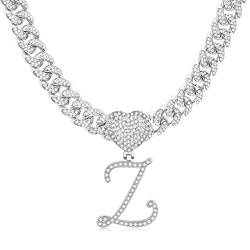 Cursive Silver Initial Necklace for Women Miami Iced Out Cuban Chain Choker Necklace Diamond Initial Heart Pendant Letter Necklace Alphabet Hip Hop Jewelry Z von Pehvdkuq