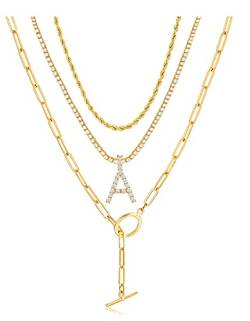 Layered Chain CZ Initial Necklaces for Women Gold Cubic Zirconia Initial Y-Necklace Dainty Paperclip Chain Neckalce Alphabet Layering Initial A Necklace von Pehvdkuq