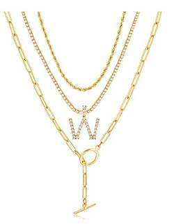 Layered Initial Necklaces for Women Cubic Zirconia Initial W Pendant Necklace Gold Dainty Paperclip Chain Neckalce Alphabet Layering Initial W Necklace von Pehvdkuq