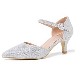 Damen-Pumps mit geschlossenem spitzem Zehenbereich, Knöchelriemen, D'Orsay Kitten-Heels, elegante Pumps, Silberfarben glitzernd, 38.5 EU von Peijely