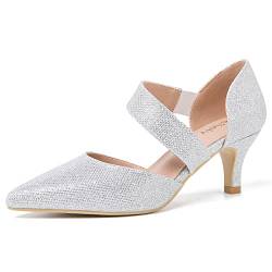 Damen-Pumps mit geschlossenem spitzem Zehenbereich, Riemen, D'Orsay, Kitten-Heel, Slipper, elegante Pumps, Silberfarben glitzernd, 43 EU von Peijely