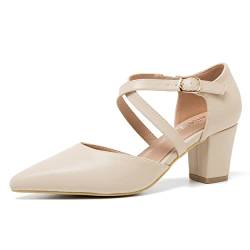 Damen-Pumps mit klobigem Absatz, Kreuzriemen, geschlossen, spitzer Zehenbereich, Matt Nude, 38 EU von Peijely