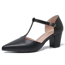 Mary Jane Damen-Pumps mit T-Riemen, Blockabsatz, spitzer Zehenbereich, Knöchelriemen, Schnalle, Kleid Pumps, Mattes Schwarz, 43.5 EU von Peijely