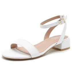 Peijely Damen-Sandalen mit offenem Zehenbereich, Knöchelriemen, niedriger Block, klobige Absätze, Partykleid, Sommerschuhe, Mattweiße, quadratische Schnalle, 38.5 EU von Peijely