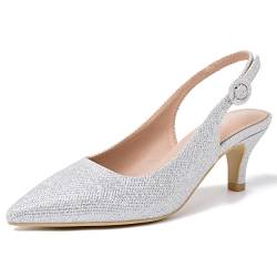 Peijely Damen Slingback Low Kitten Heels Geschlossene Zehen Pumps Arbeitsschuhe Elegant Schuhe, Silberfarben glitzernd, 39 EU von Peijely