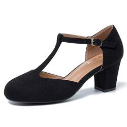 Peijely Mary Jane Damen-Pumps mit T-Riemen, Blockabsatz, Knöchelriemen, Schnalle, Kleid, Schwarzes Wildleder, 42 EU von Peijely