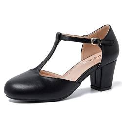 Peijely Mary Jane Damen-Pumps mit T-Riemen, Blockabsatz, Knöchelriemen, Schnalle, Kleid Pumps, Schwarz matt, 41 EU von Peijely