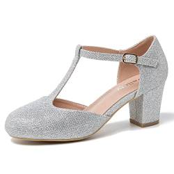 Peijely Mary Jane Damen-Pumps mit T-Riemen, Blockabsatz, Knöchelriemen, Schnalle, Kleid Pumps, Silber Glitter, 40.5 EU von Peijely