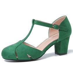 Peijely Mary Jane Damen-Pumps mit T-Riemen, Blockabsatz, Knöchelriemen, Schnalle, Tanzpumps, Wildleder grün, 39 EU von Peijely