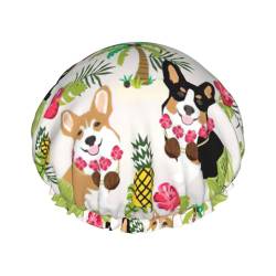 Corgi Hawaiian Tropical Summer Pine Print Shower CapSoft,Reusable, Double WaterproofBath Hat Women,Breathable, von Peiyeety