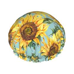 Duschhaube im Vintage-Stil, gelbe Sonnenblume, für Damen, verstellbar, doppelt, wasserdicht, Bade-Duschhut, Haarschutz, wiederverwendbar, Damen-Spa-Salon-Duschhut von Peiyeety