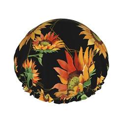 Duschhaube mit Aquarell-Orange-Sonnenblumen-Blume für Damen, verstellbar, doppelt wasserdicht, Bade-Duschhut, Haarschutz, wiederverwendbar, Damen-Spa-Salon-Duschhut von Peiyeety